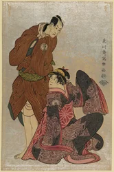 Ukiyo-e-Druck von Bando Hikosaburō III in der Rolle von Obi-ya Chōemon und Iwai Hanshirō IV in der Rolle von Shinano-ya Ohan, von Tōshūsai Sharaku, 1794
